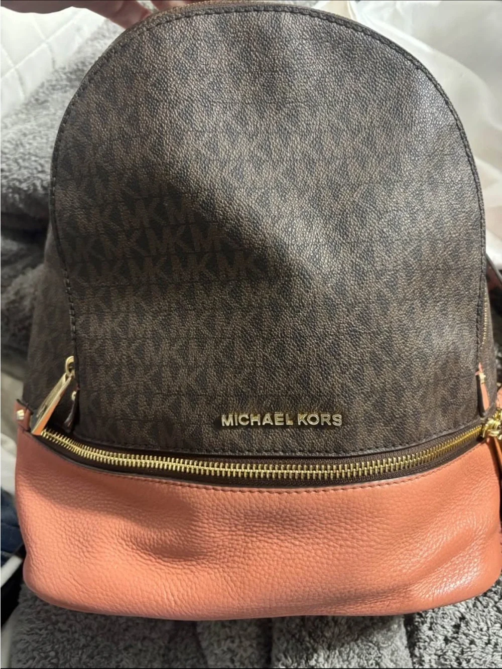 Michael Kors Brown Monogram with Coral Trim Backpack
